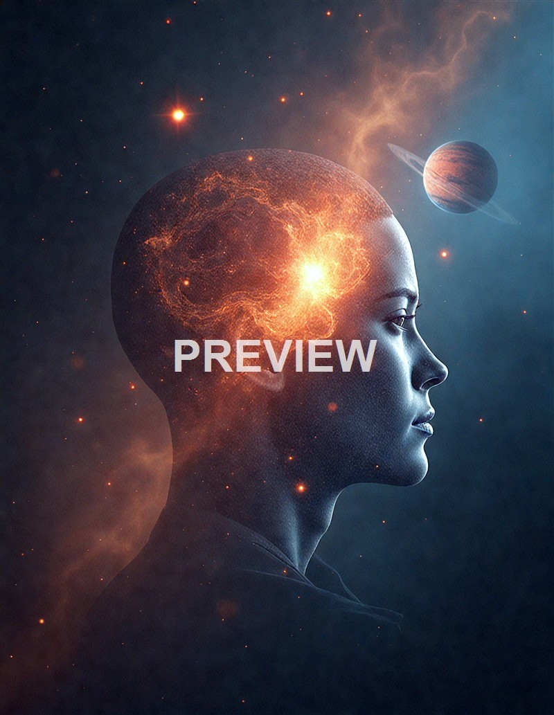 A digital artwork depicting a woman's profile with a galaxy and planets integrated into her head, surrounded by stars and cosmic phenomena.